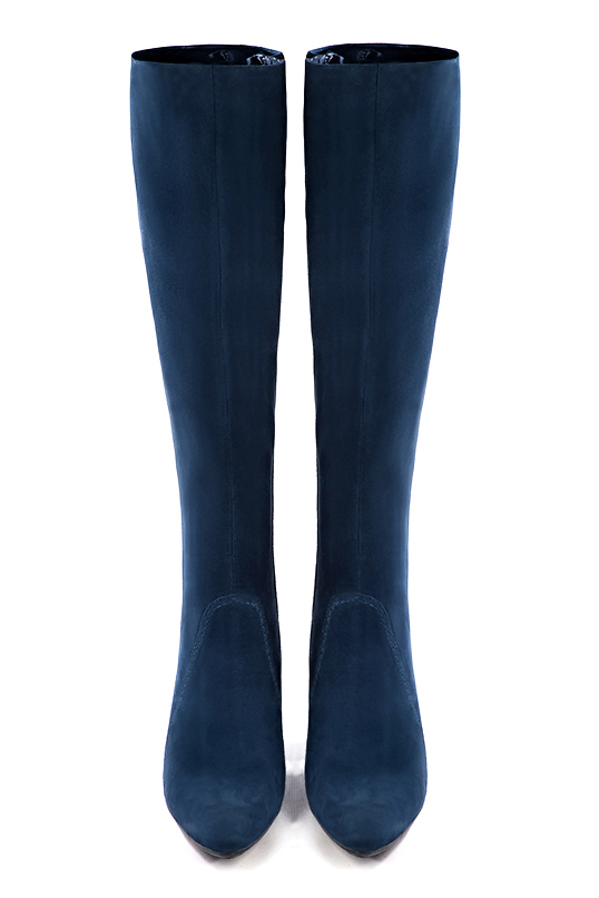 Navy blue women's feminine knee-high boots. Tapered toe. Very high block heels. Made to measure. Top view - Florence KOOIJMAN